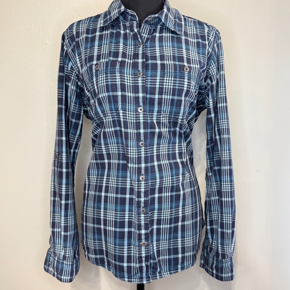 Carhartt Button Down Long Sleeve Flannel Shirt Size Medium (8/10) Navy‎ & Teal - Picture 1 of 10